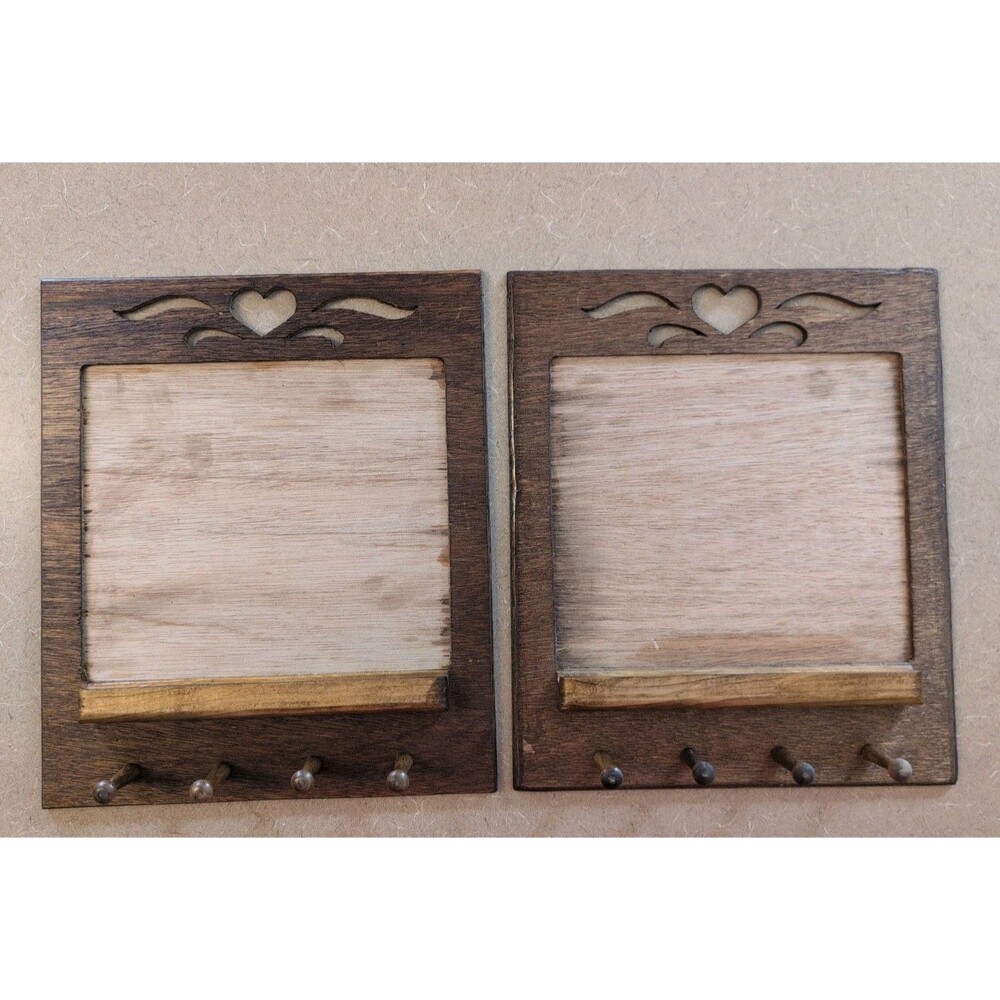 Vtg Wood Heart Cutout organizer With Pegs For Keys And Ledge For Mail Set Of 2